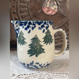 Vintage Folk Craft ceramic blue white trees Spongeware creamer pottery pitcher